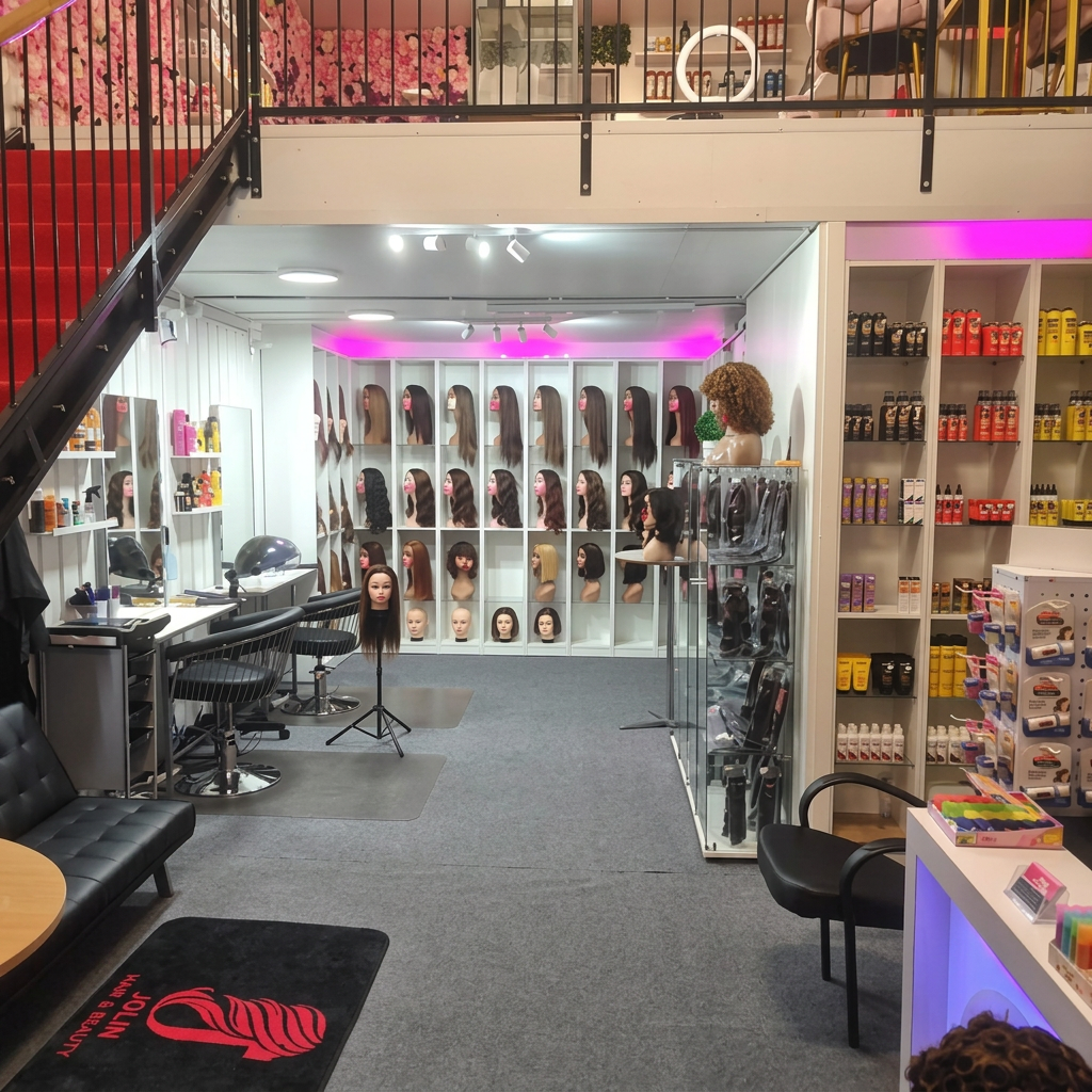 Interiör i Jolin Hair & Beauty i Västerås med peruker, hårprodukter och salongsplatser